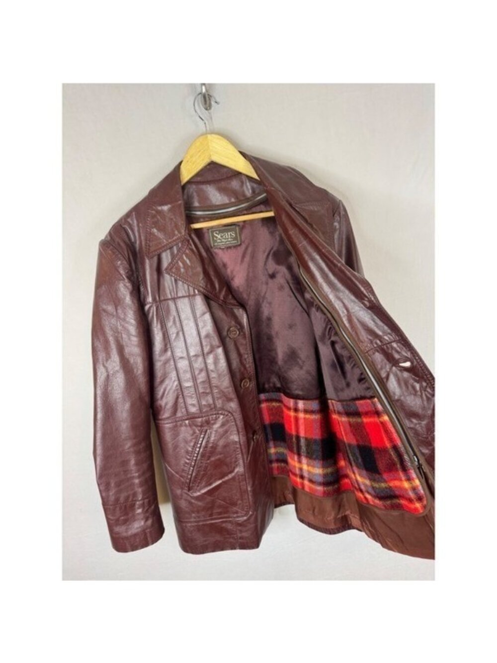 Vintage 70s Sears Burgundy Leather Jacket Plaid Lined Car Coat Plaid Lined Men S